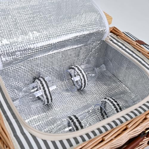 Multifunctional Wicker Picnic Basket Set for 4 with Blanket and Picnic Table, Insulated Picnic Set with Full Tablewares for Camping Outdoor Couples, Stripes by SatisInside - Image 8
