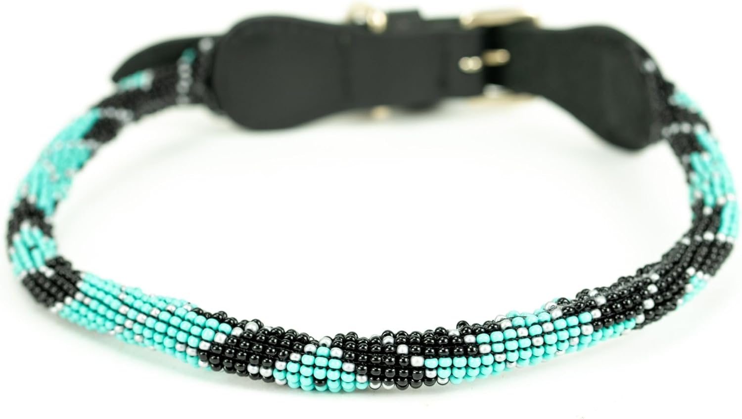 Sambboho- Rolled Dog Collar Saint Barth, Beaded Genuine Leather for All Dog Sizes, Soft Round for Puppy Small Medium Large Dogs, Black Leather (8-10", Turquoise)