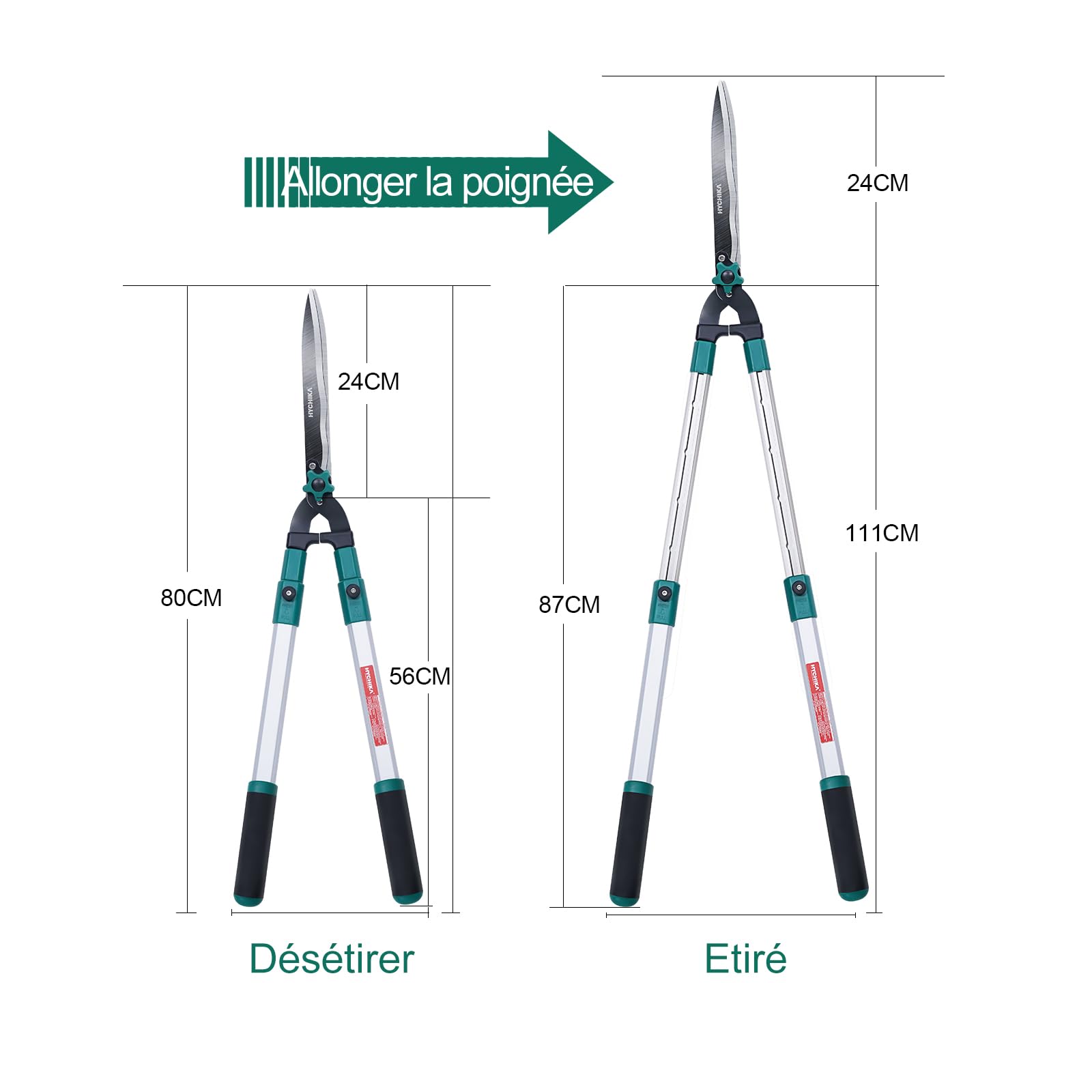HYCHIKA Cisaille Haie Telescopique 111CM, Taille Haie Manuel, Cisailles à Haies, Lames en Acier Trempé, Lames de 214 MM, Cisaille de Jardin Pour Tailler les Haies et les Buissons