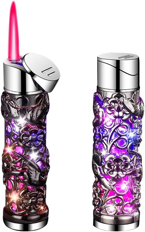 2 Pack Colorful Black and Silver Lighter Torch Cool,Refillable Windproof Jet Torch Flame Adjustable Lighters,BBQ Candles Camping (Butane Not Included)