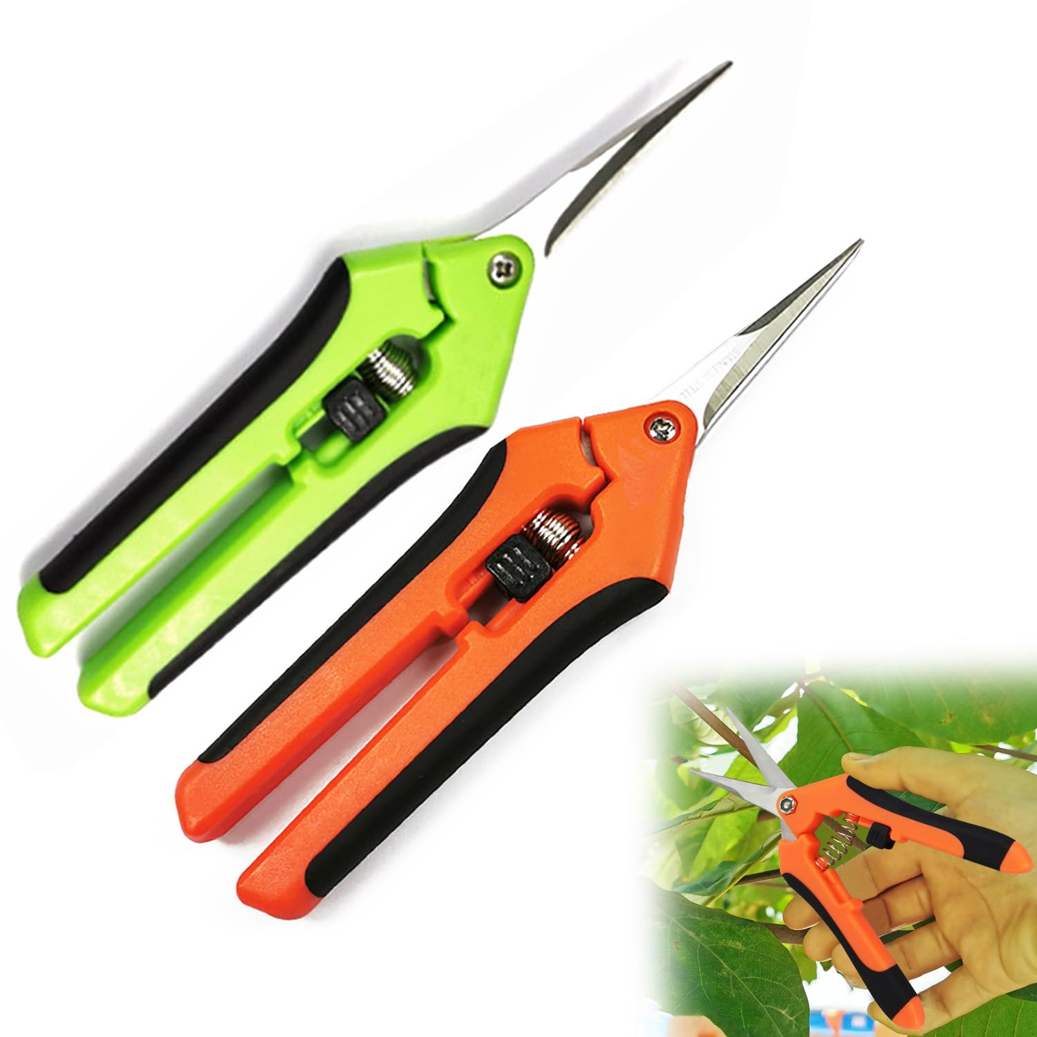 2 piezas Tijera Podar Pequeña Para Jardinería, Punta Recta Profesionales para Recoger Frutas árbol Flor Ramas, Cuchillas de Acero IInoxidable, Mangos de Plástico(16.5cm, Naranja, Verde)