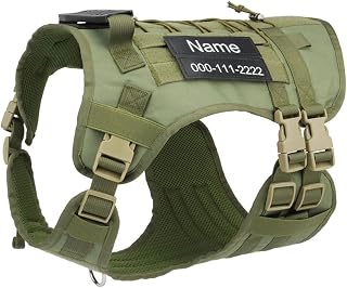 Tactical Dog Harness with Detachable Pouches , Service Dog Vest with Patch Custom Name and Number , Adjustable with Handle Military Dog Harness for Medium Large Dogs Walking Training(L,Green)
