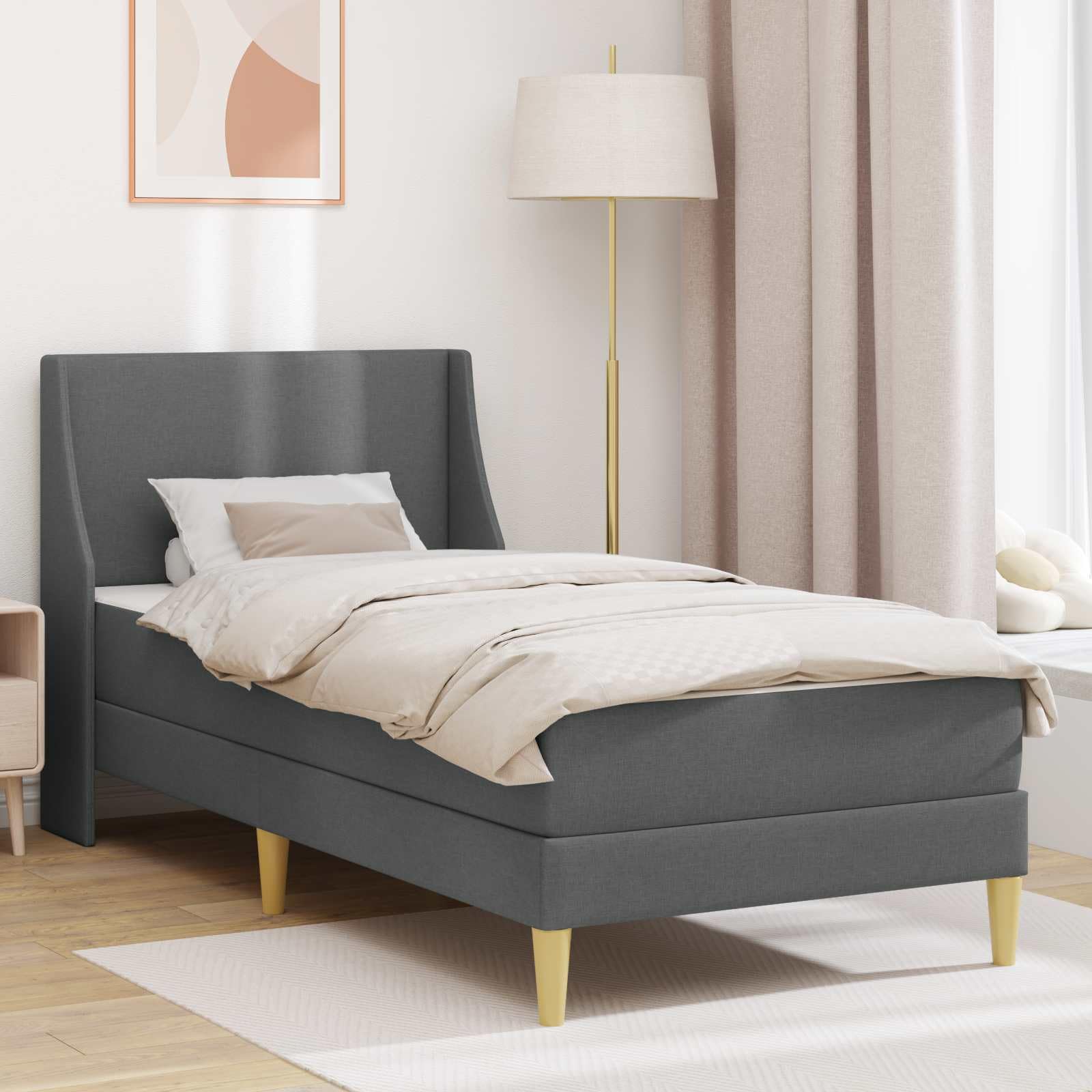 Rama łóżka z materacem, ciemnoszara, 90 x 200 cm, poliester, materac ze sprężynami kieszeniowymi, stelaż listewkowy, oddychający, ergonomiczny, z miejscem do przechowywania, dla dzieci, do