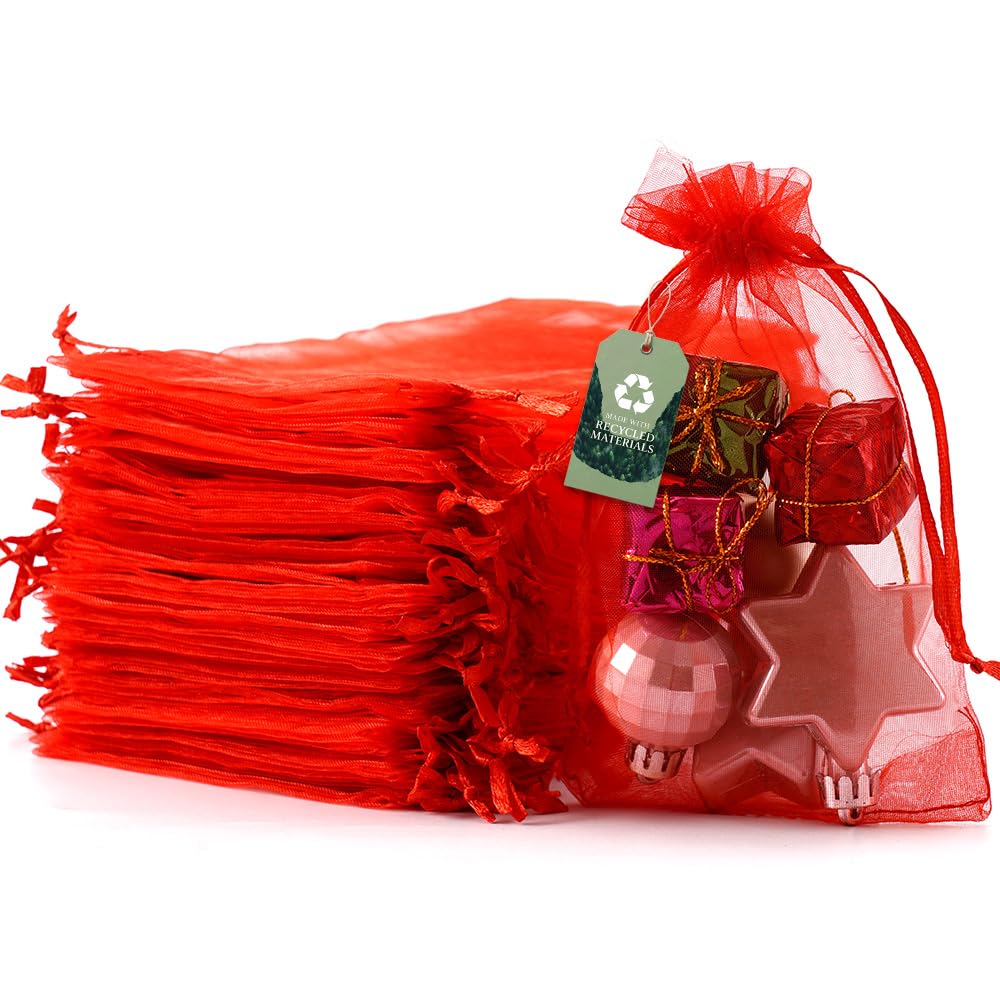 Meowoo 100pcs 5X7 Inches Red Organza Bags, Jewelry pouches Drawstring Gift Bags party Favor Bags (Red)