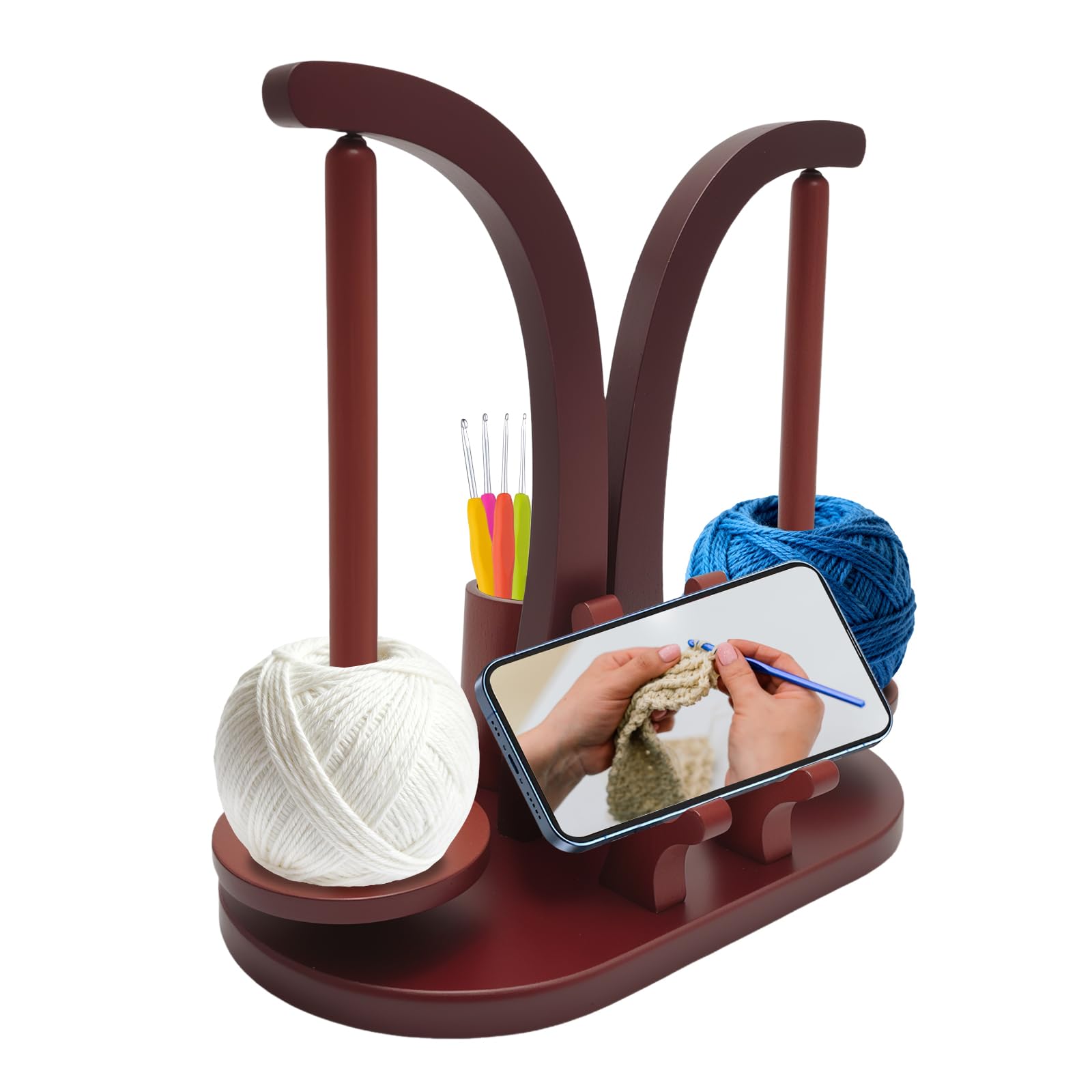 Porta Gomitolo Uncinetto in Legno，Doppia Asta Svolgitore di Lana, Porta Rocchetto di Lana Magnetico con Contenitore per Accessori da Lavoro a Maglia e Porta Cellulare(Colore Retrò)