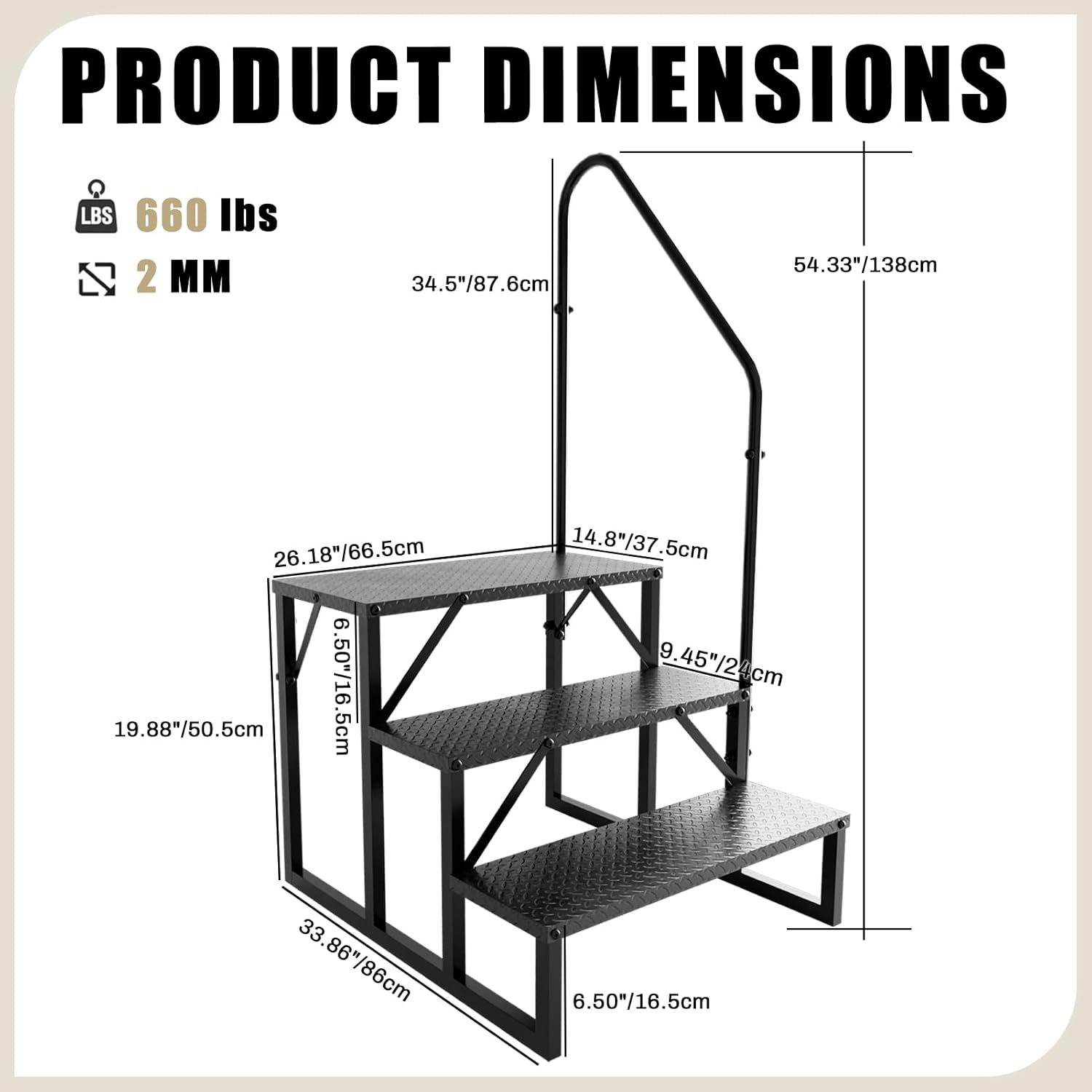 Step Ladder, Step Stool with Handle, Heavy Duty Pool Ladder Above Ground 660Lbs, Camper Steps Outdoor Steps RV Stairs for Reaching High (3 Steps with 1 Handrail)