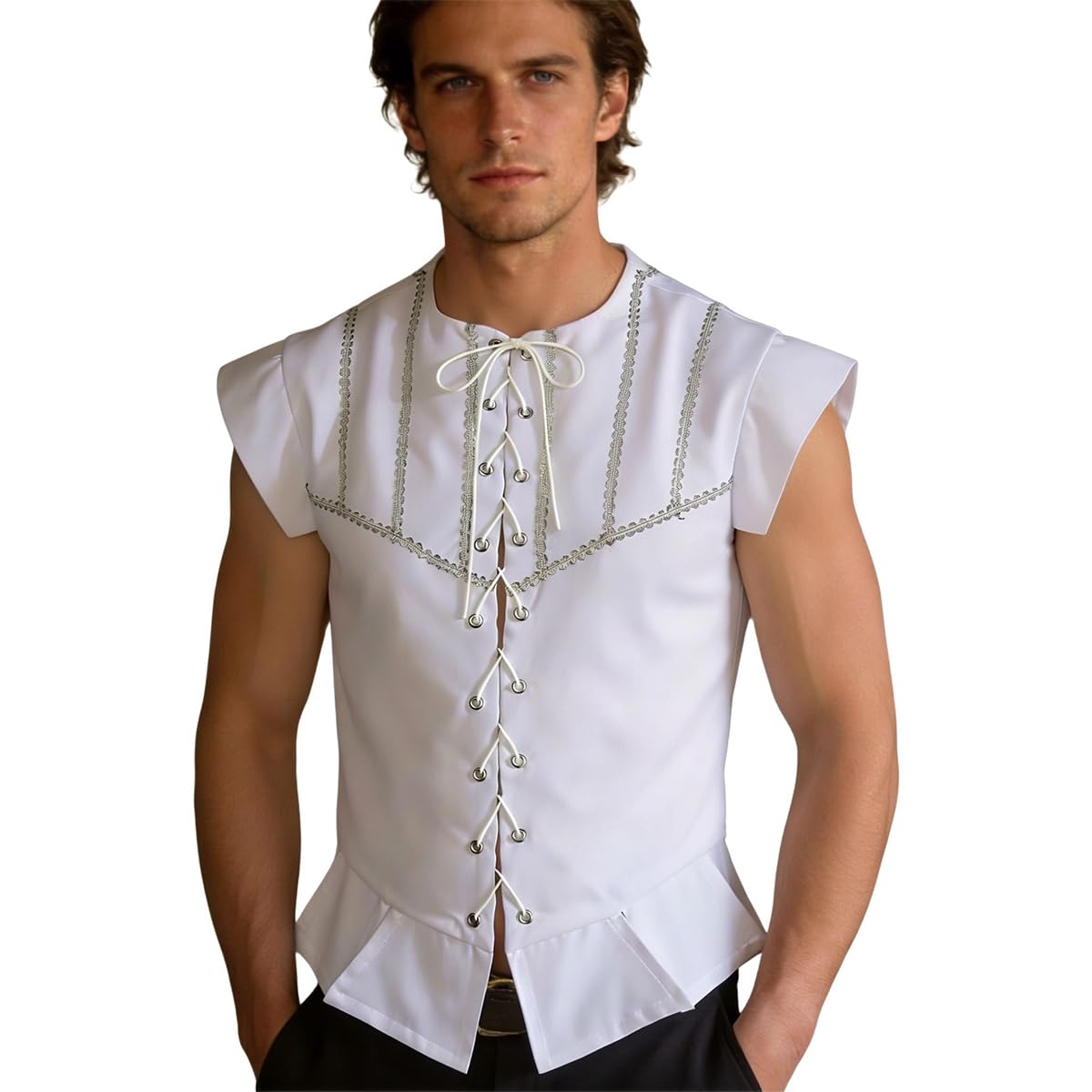 BPURB Mens Steampunk Gothic Pirate Vest Renaissance Medieval Lace-up Waistcoat Victorian Costume (X-Small, White)