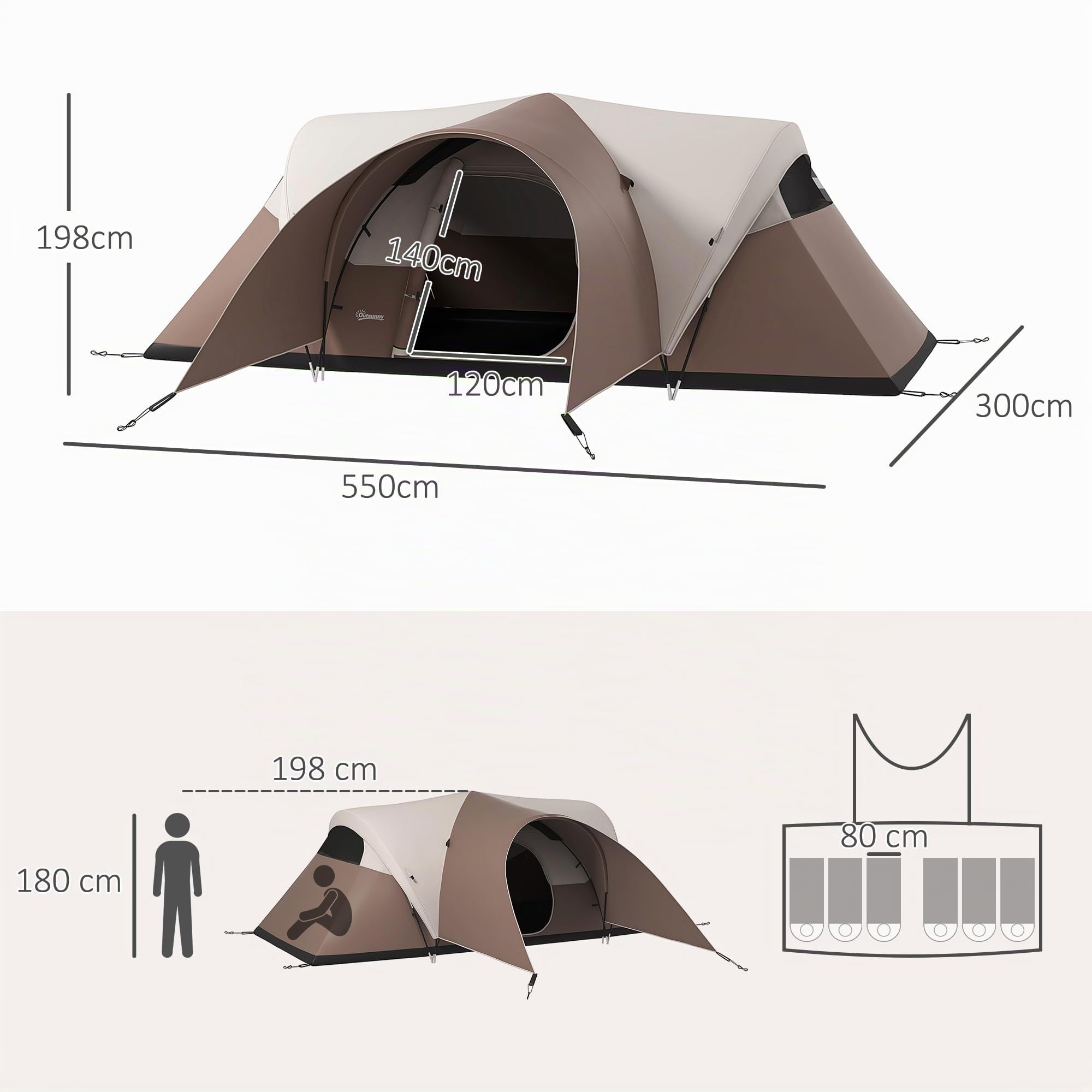 Outsunny Tente de Camping familiale 7 Personnes 550L x 300l x 198H cm | Étanche, Ventilée, Sac de Transport