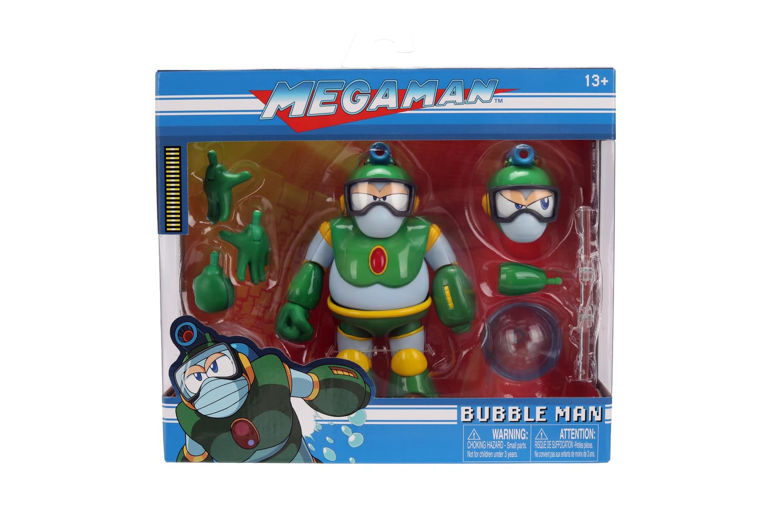 Jada Toys Mega Man - Figura de Bubble Man (11,5 cm) – Figura de acción y colección móvil de la serie de videojuegos Megaman, con cabeza, manos y accesorios alternativos, para fans y coleccionistas a