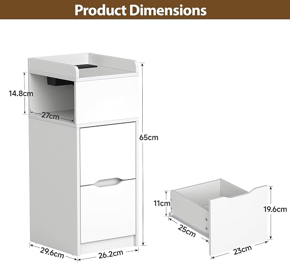 Quikraen Set of 2 Slim Bedside Table with Charging Station&Sensor LED Light | Modern nightstand with 2 Drawers, 2 AC outlets, 1 USB Ports and 1 Type-C ports, for Living Room, Bedroom, White (2 pc)