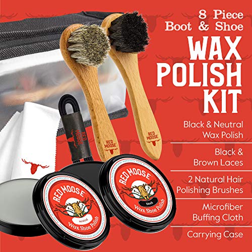 Full Leather Black And Neutral Wax Shoe Polish Kit - 2X Brush, Buffing Cloth, Travel Case, Laces - Red Moose #TOP1