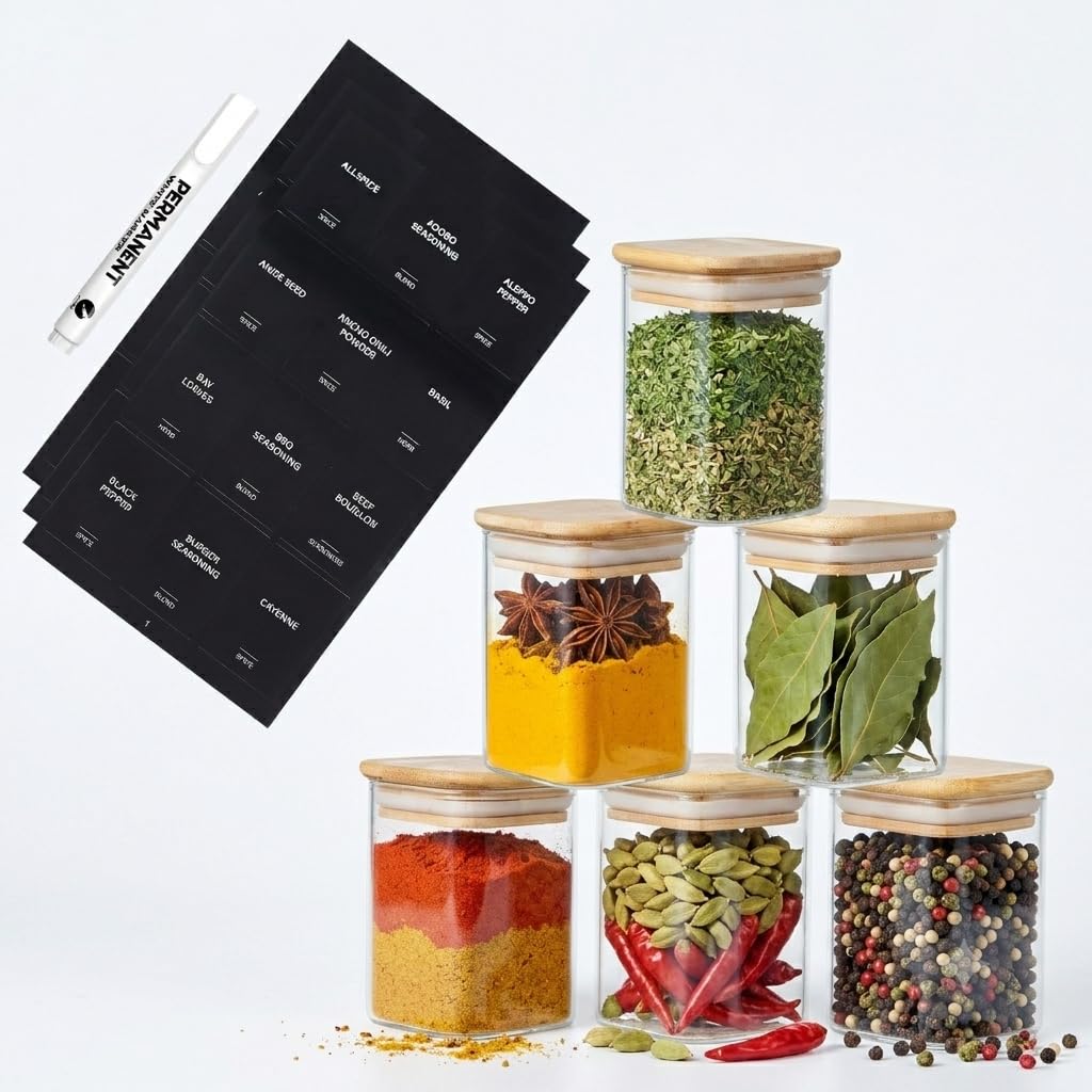 Eden & Willow 6 Pcs Glass Spice Jars with Bamboo Lids 200ml, Square Spice Containers with Black Labels, Stackable Clear Borosilicate Glass Jars for Herbs, Seasonings, Seeds & Pantry Organisation