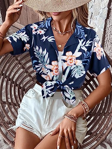 Women Hawaii Shirts Soft Cool Floral Tropic Print V Neck Summer Tops Short Sleeve Button Up Tops T-Shirt Navy Blue #TOP1