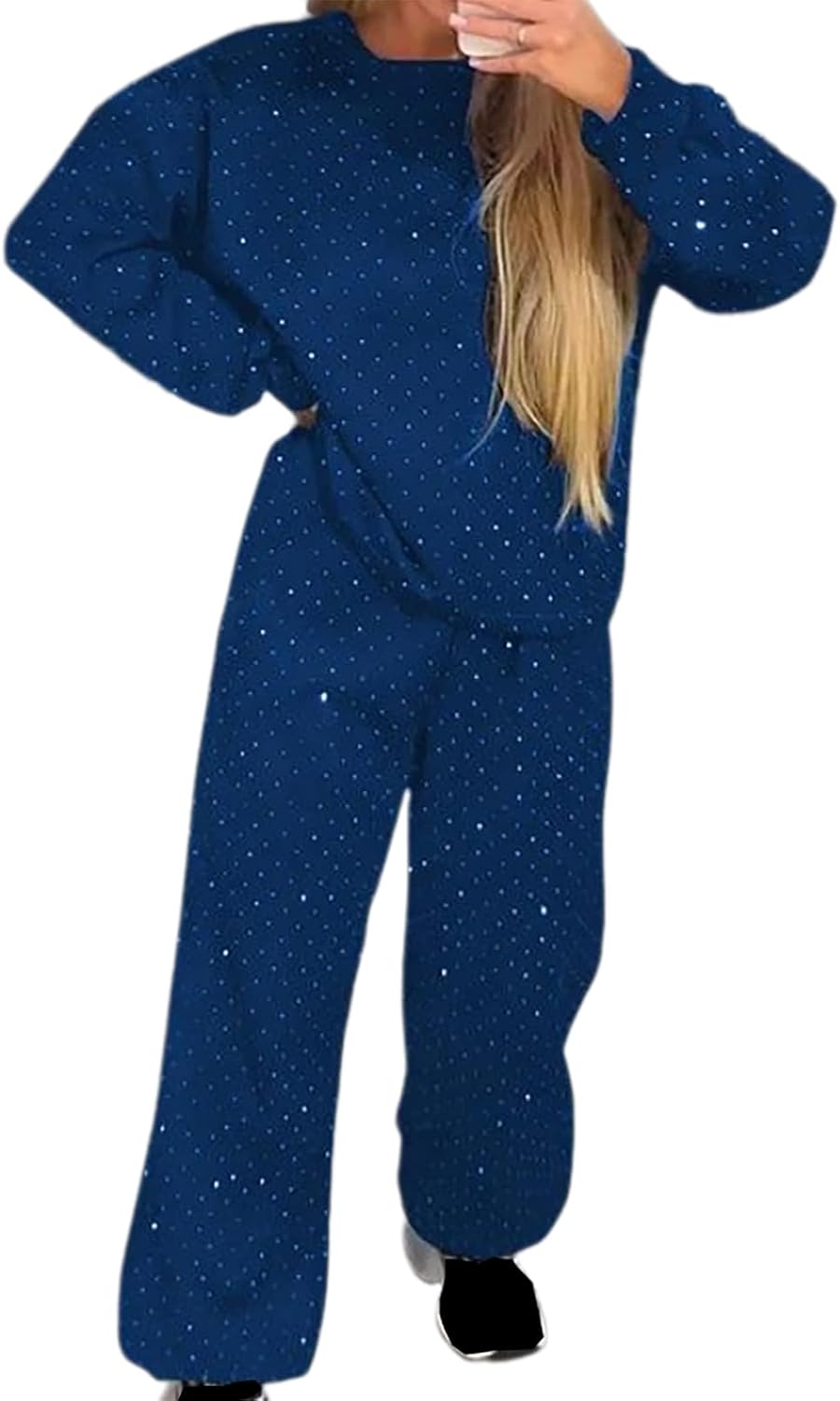Womens Rhinestone Crew Neck Casual Sweatshirt and Jogger Pants 2 Piece Set, Fall Solid Drawstring Jogger Lounge Sets