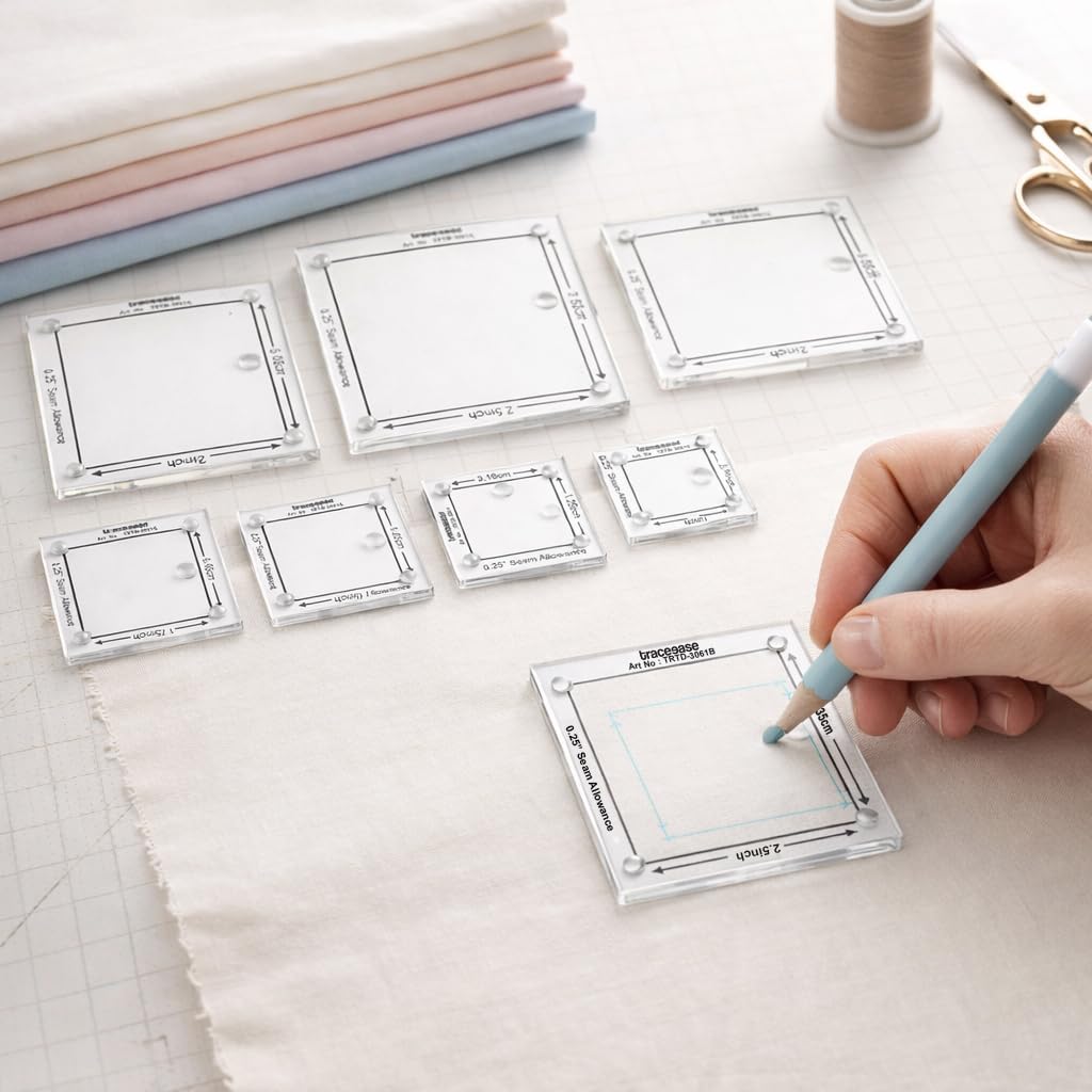 Traceease Square Quilting Template Set – 8 Pc (3/4”–3”) 4mm Thick Clear Acrylic Patchwork Rulers with 1/4” Seam Allowance for EPP, Quilt Blocks & Precision Fabric Cutting