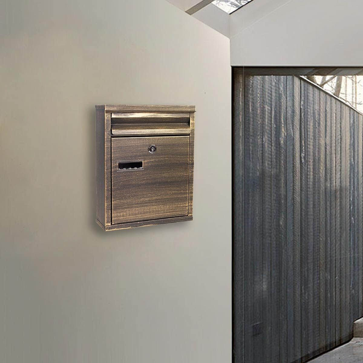 Wall Mount Locking Mailbox,Weatherproof Drop Modren Mail Box Medium Capacity Galvanized Steel Cover Rust-Proof Metal Post Box (Gold)