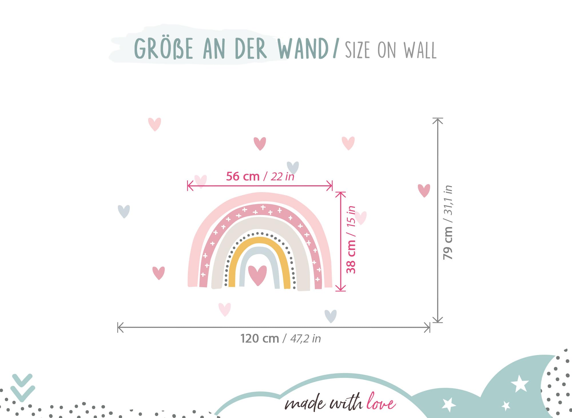 Little Deco Muurtattoo regenboog met hartjes, muursticker kinderkamer, muursticker babykamer, meisjedeco, DL934-4