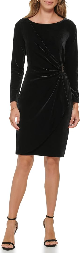 DKNY Womens Long Sleeve V-Neck Side Ruched Sheath Dress with Hardware