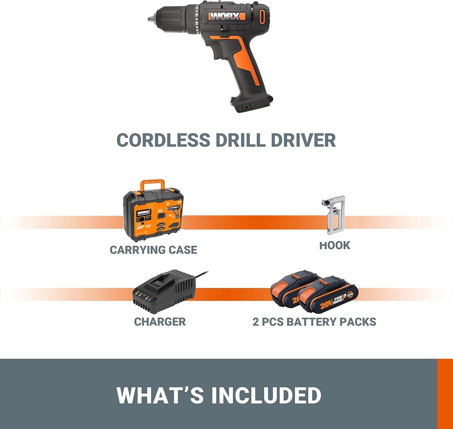 WORX 20V Cordless Drill Driver, Max 45 Nm, 2-Speed, LED, 13mm