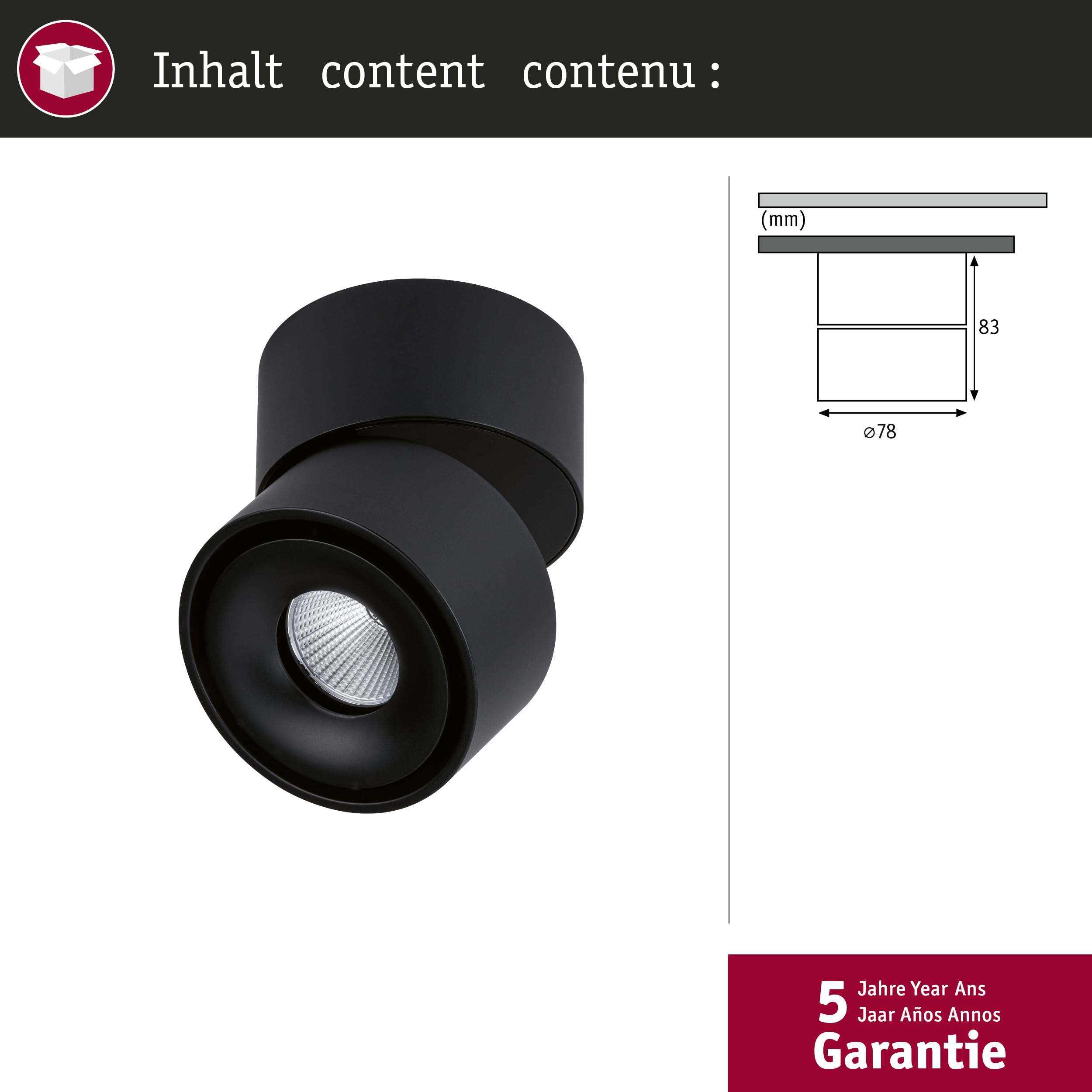 Paulmann 93371 LED spots encastrés plafonnier Spircle 78 mm incl. 1x8,0 W Blanc chaud Noir mat luminaire en saillie aluminium plafonnier 3000 K