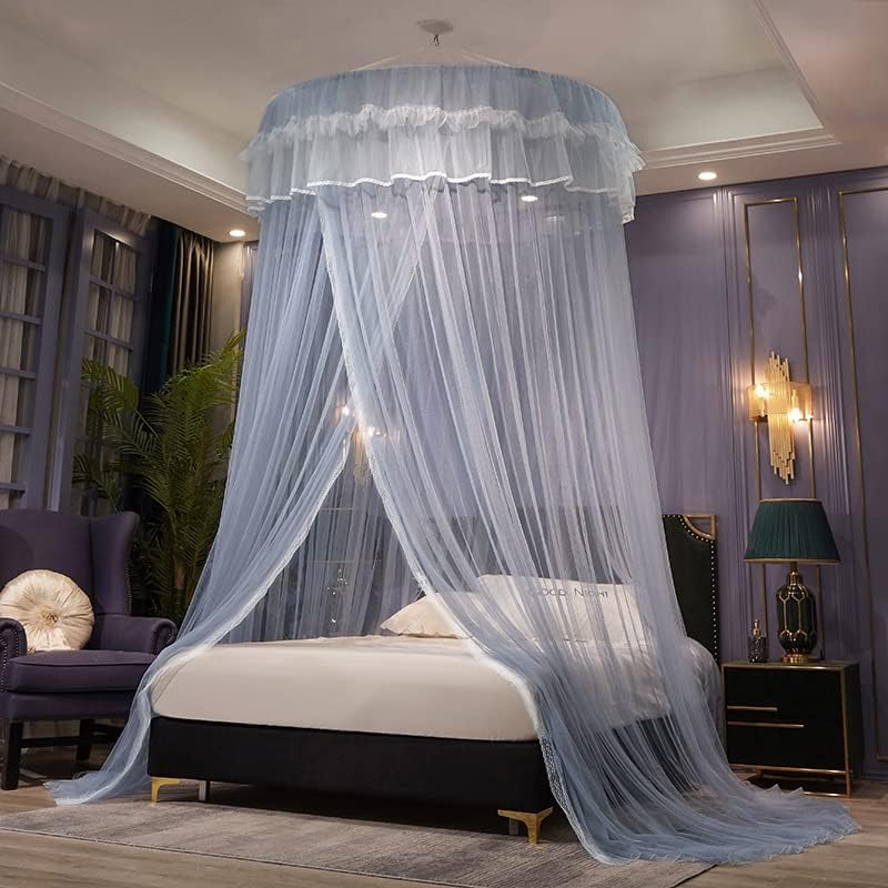 Elegant Round Dome Mosquito Net Canopy for Girls & Adults Bedroom Double-Layer Decorative Drape Netting for Queen Size Beds Luxury Bed Curtain Set(R-D120CM)