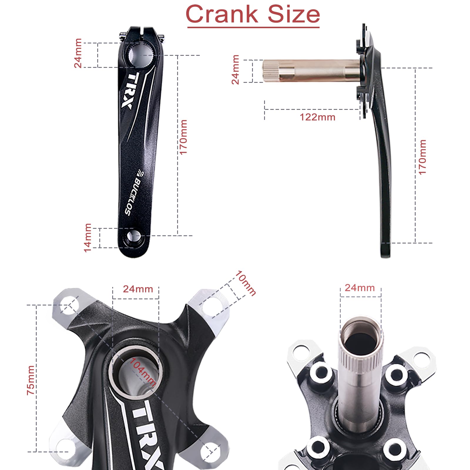 BUCKLOS 104 BCD 32T 34T 36T 38T Mountain Bike 170mm Crankset, Aluminum Alloy MTB Crank Set Round Oval Narrow Wide Chainring Bottom Bracket Bolts, fit Shimano, FSA Gaint