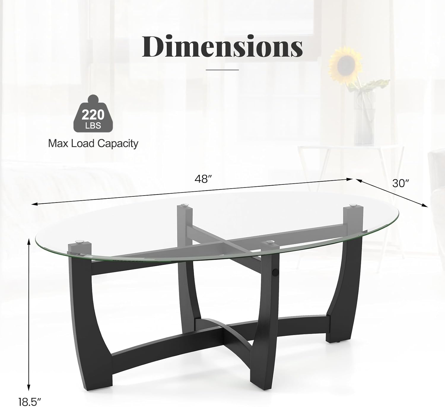 Giantex Glass Coffee Table, 48" Oval Accent Tea Table with Tempered Glass Top & Solid Wood Structure, Simple Modern Cocktail Table Center Table for Living Room Reception Room Home Office, Black