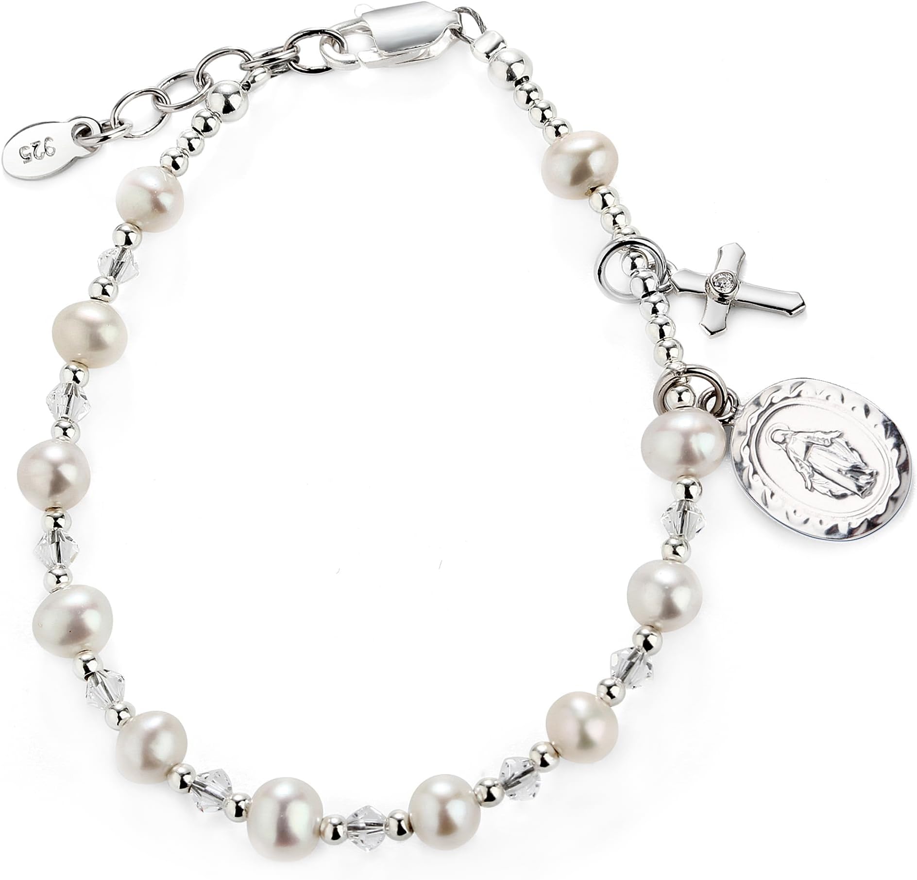 Children's Sterling Silver Communion Rosary Bracelet with Cultured Pearl and Crystal (6-6.5")