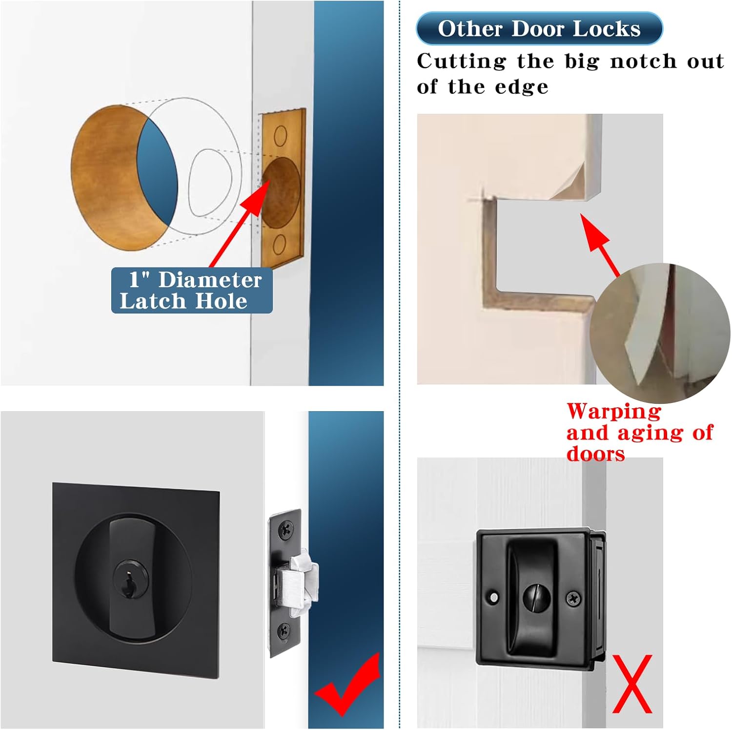 Dontay Keyed Pocket Door Lock with Pull Handle,Flush Mount Recessed Knob,2-3/8 inch Backset,Square Bed Bath Hardware Fit Sliding Barn Interior Door Thickness 1-3/8 to 2-3/16 inch(Matte Black,1)