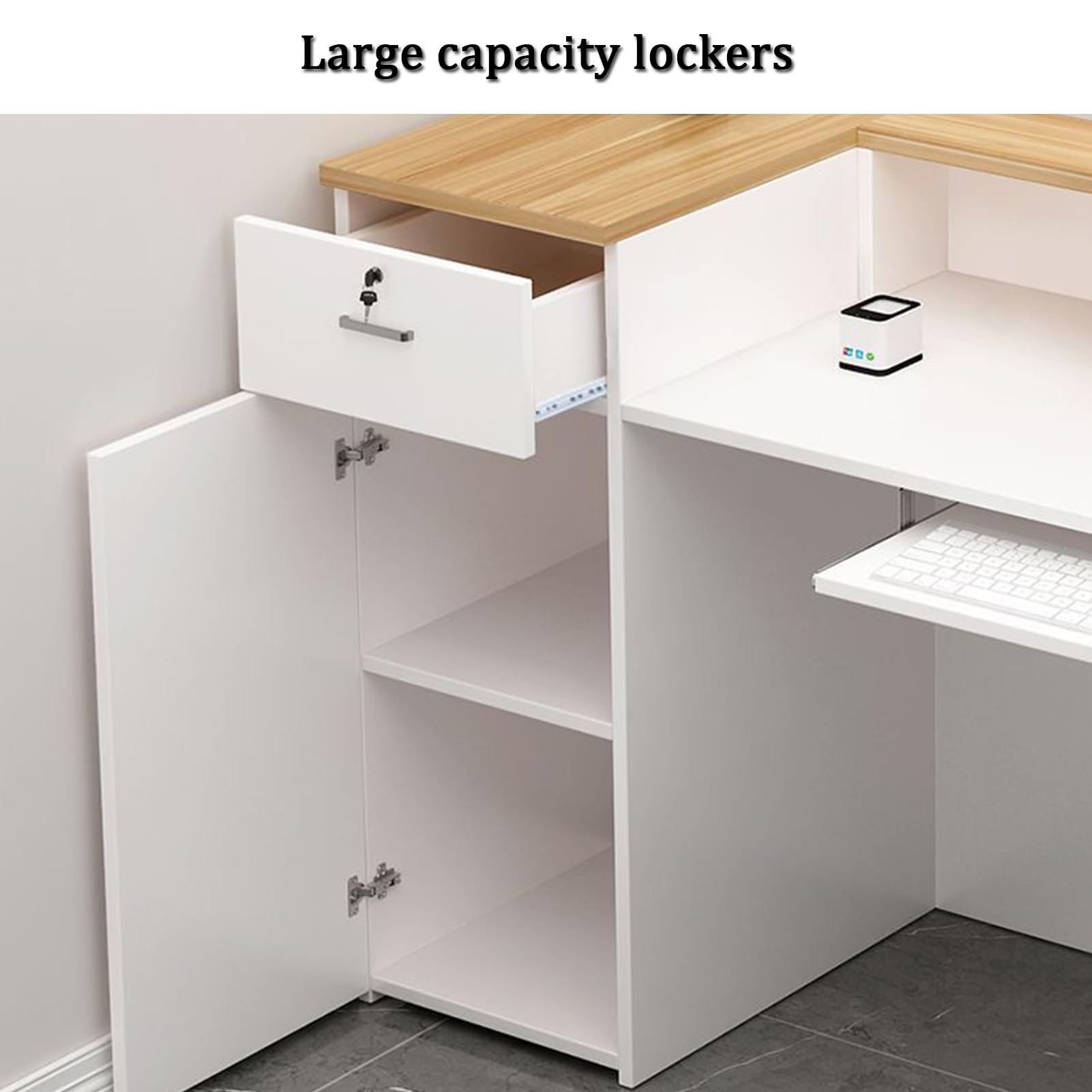 YVYKFZD Büro Empfangstheke Rezeption, Kleiner Rezeptionstheken mit abschließbaren Schubladen, stehender Empfangstresen, verkaufstheke multifunktionaler Verkaufstresentisch(White1 R,39.3"x17.7"x39.3")