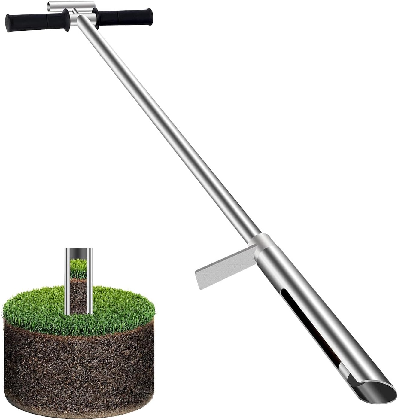 Stainless Steel Soil Sampler Probe - 40" T-Style Handle with Ejector & Foot Pedal - Soil Test Kits for Gardening & Lawn Care, 38mm Diameter (1.5in)