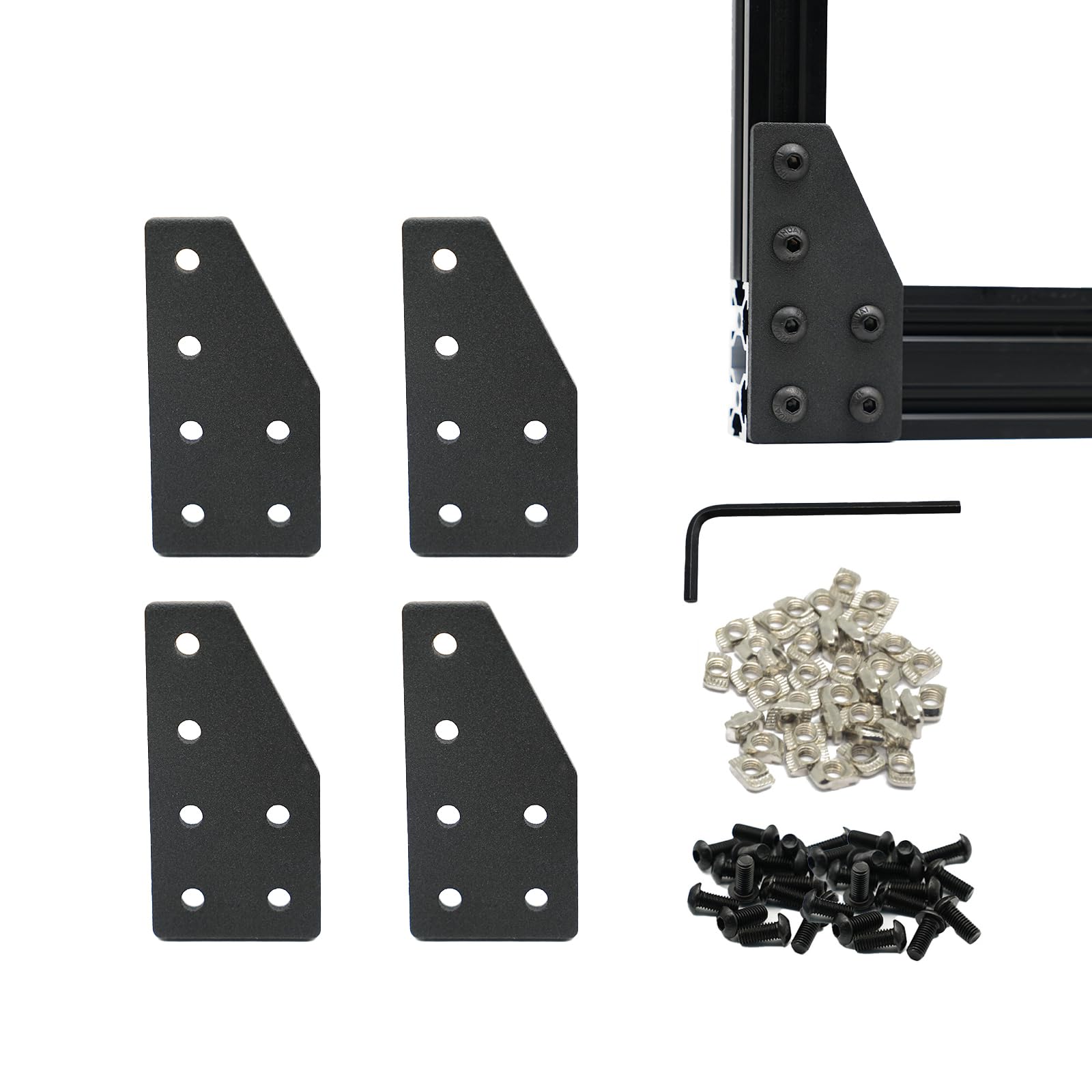 Iverntech 4 Sets 2040 Aluminum Extrusion Joint Plate Connector Corner Bracket Hardware L Shape 6 Hole for T V 6mm Slot with 24 pcs M5 T Nuts + 24 pcs M5 Screws + 1Pcs Wrench (Black)