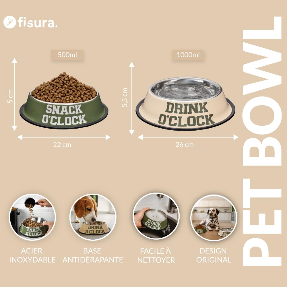 Fisura – 2 gamelles chien en acier inoxydable “o’clock”. Gamelle antidérapante verte et beige pour chien. Gamelle chien nourriture 500 ml et gamelle eau 1000 ml