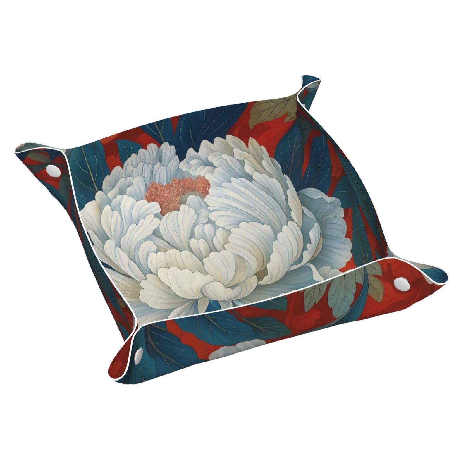 HLBSDM Chinoiserie Large White Peony Tray Men's Leather Valet Parking Portable Entrance Trays Bedside Storage Box