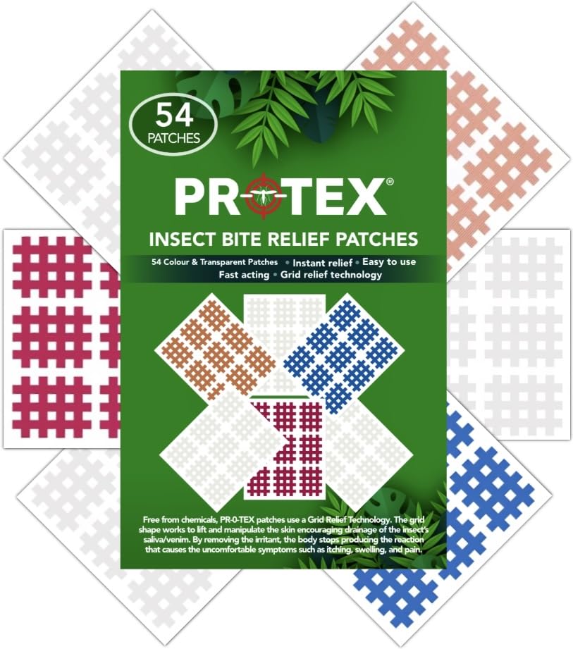 PR0TEX 54 Insect Bite Relief Patches (27 Coloured & 27 Transparent) Providing Fast Acting Relief from Itching and Swelling Caused by Mosquito Bites Midges Bee and Wasp Stings. Chemical Free.