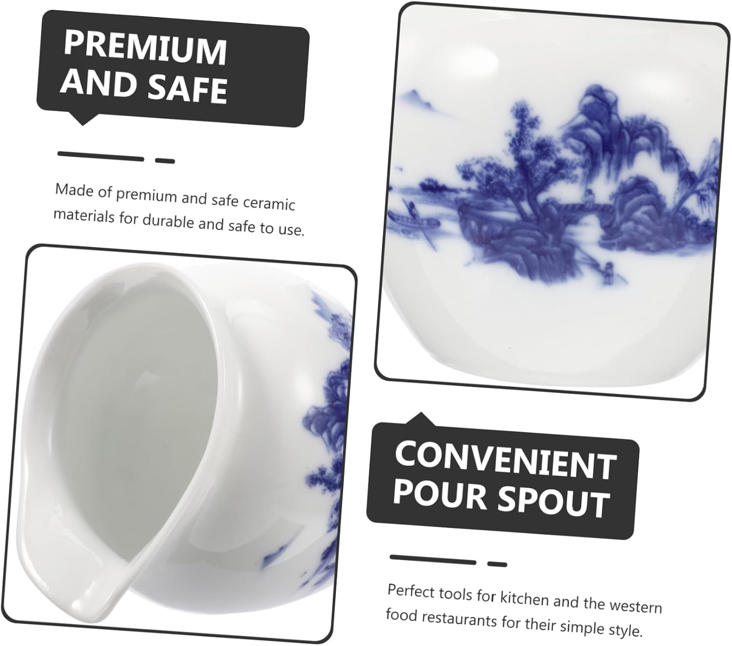 Ceramic Gravy Boat Blue and White Dripless Sauce Pitcher