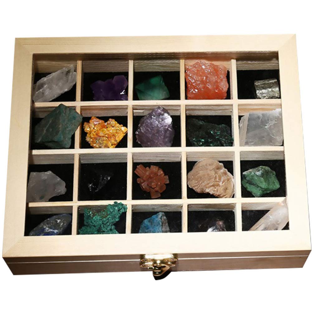 VILLCASE 20pezzi Cristalli di Minerali Naturali Pietre Naturali Campioni di Pietra Minerale per Creazioni di Gioielli e Istruzione Didattica Confezione in Scatola di Legno