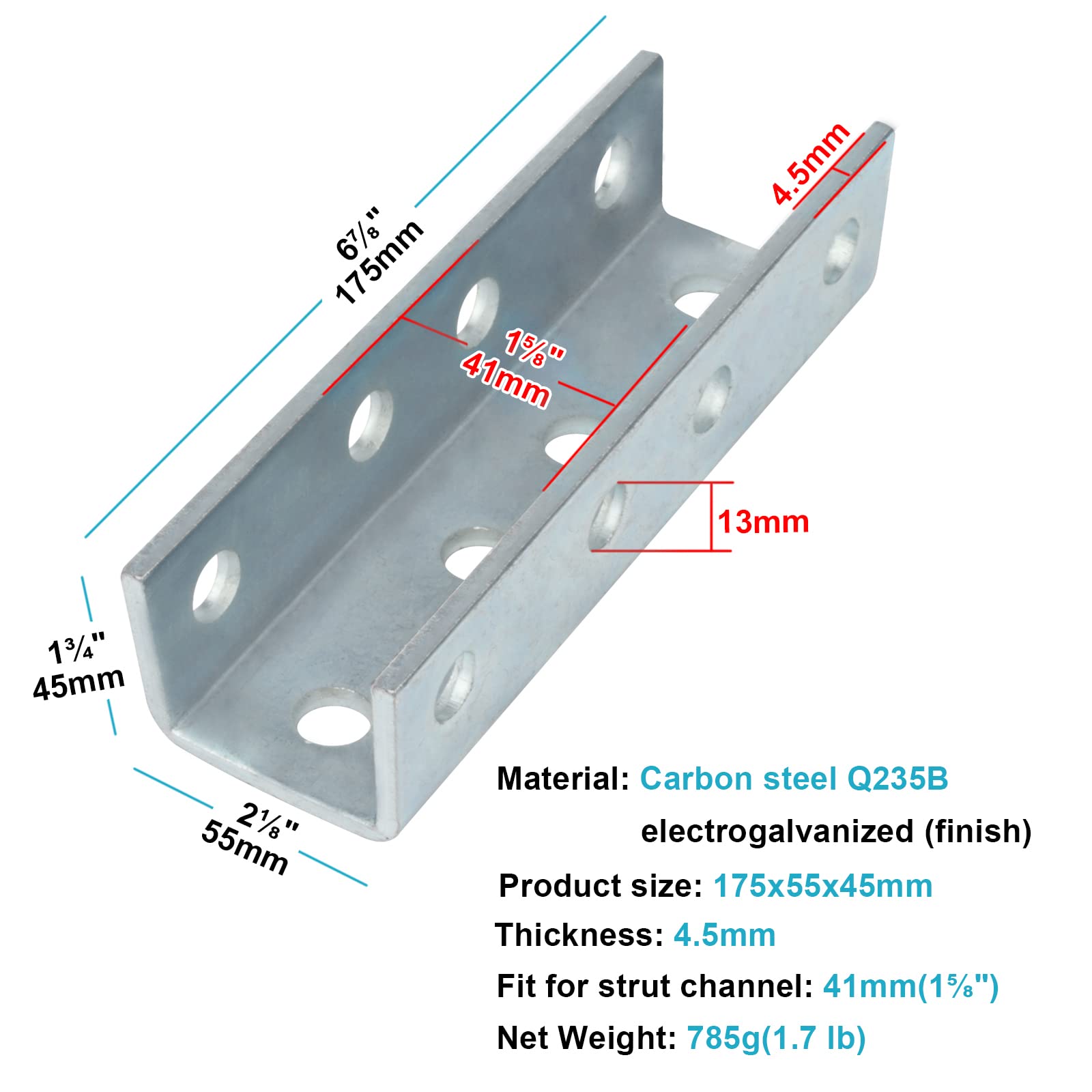 2 PCS U Shaped Splice Fittings Strut Connector Bracket, 7 Gauge Metal Strut Channel Joiner Support Fit for 1/2" Bolt in 1-5/8" Strut Channel, Steel Electrogalvanized