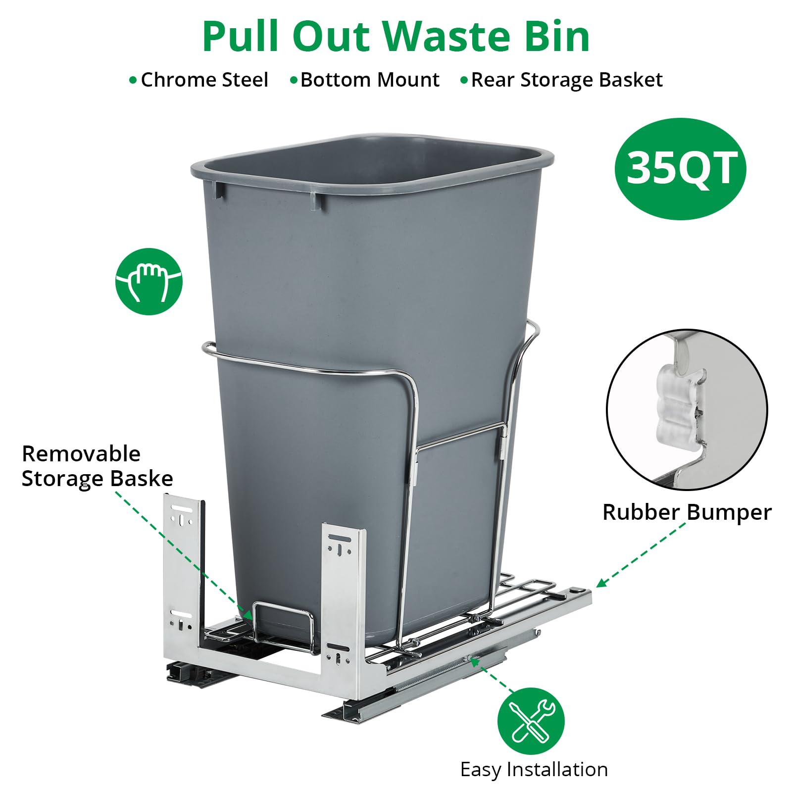 Garvee Poubelle Coulissante Sous Evier Inox Sous Meuble Glissières Amorties | Poubelle 28,4L Inox à Glissières Complètes Fermeture Douce, Gain de Place Sous Evier, Compatible Armoire 25,6×46×51cm