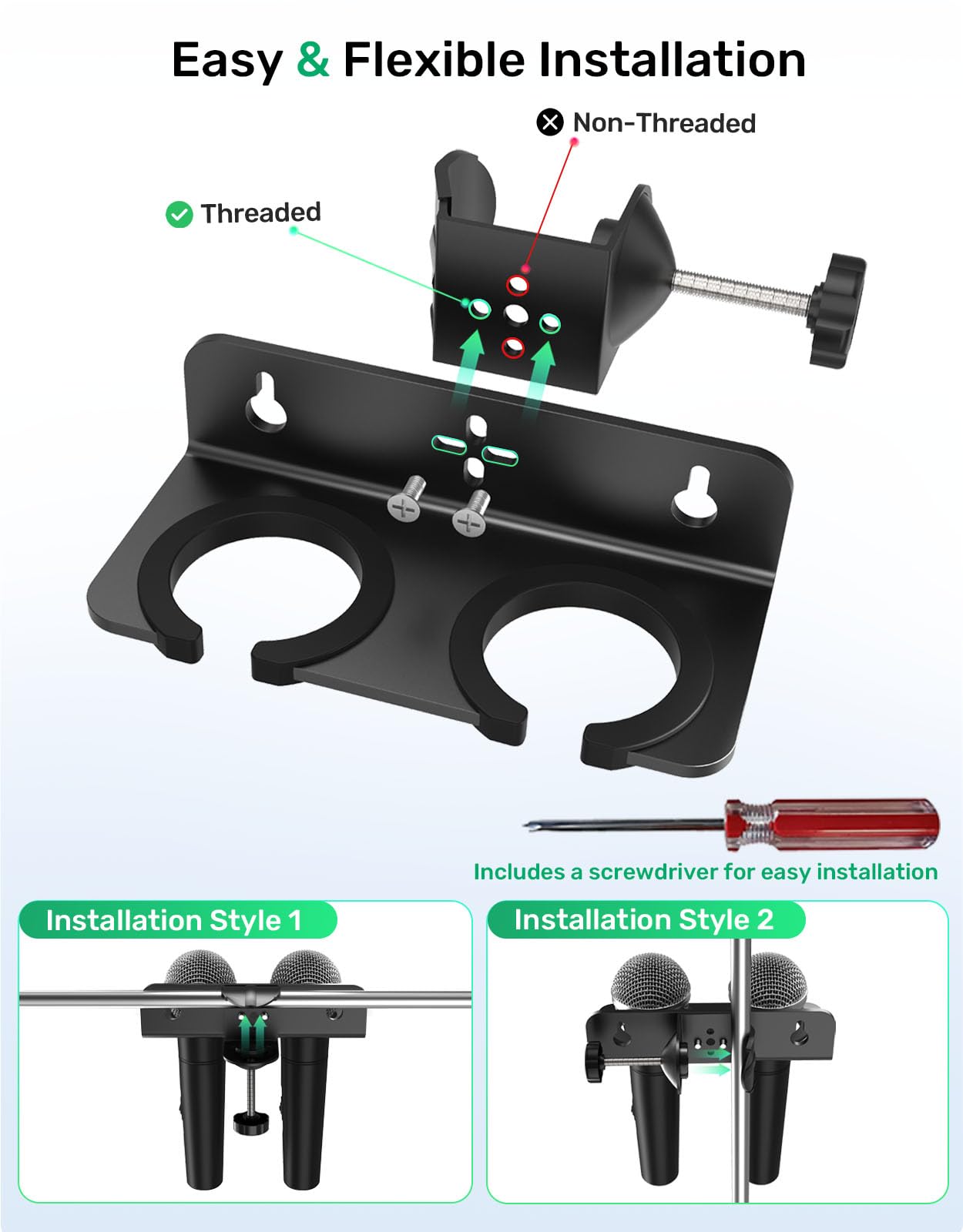 Soporte de micrófono, soporte inalámbrico para micrófono montado en la pared, clip de gancho doble, soporte de soporte de soporte con tornillos, accesorios de micrófono