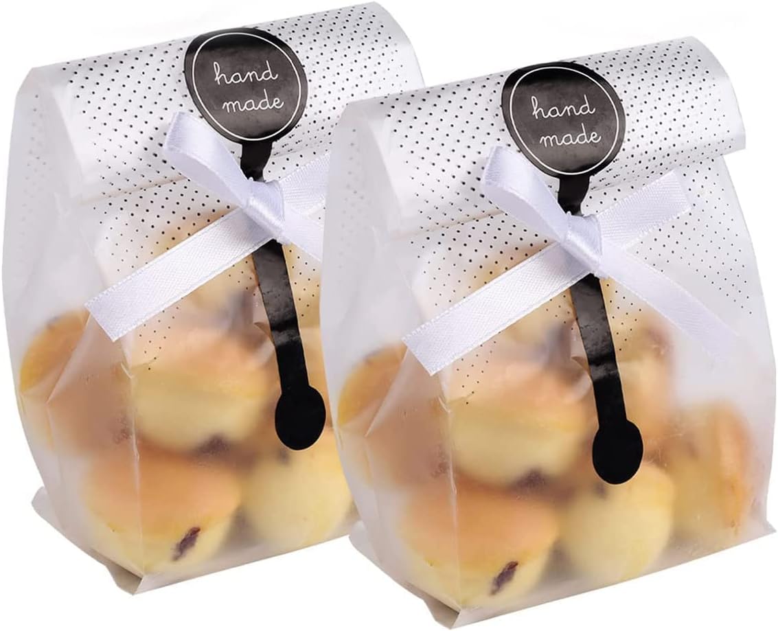 100Pcs Bread Packaging Bags Translucent Plastic Bag Cellophane Pastry Treat Bags Valentine Gift Bag for Candies Cookies Chocolate with Stickers