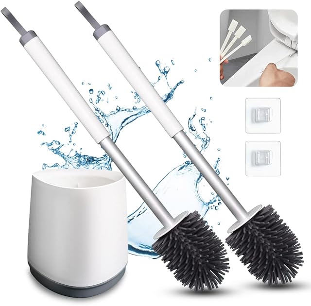 Silicone Toilet Brush and Holder 2 Pack: Soft Flexible Bristles | with Non-Slip Handle and Anti-Drip Base | for Bathroom Toilet Deep Cleaning, with 3 Detail Brushes