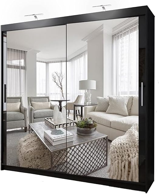 Double Mirror Sliding Door Chicago Wardrobe with 2 LED LIGHT 90/120/150/180/203cm (Black, 203cm)