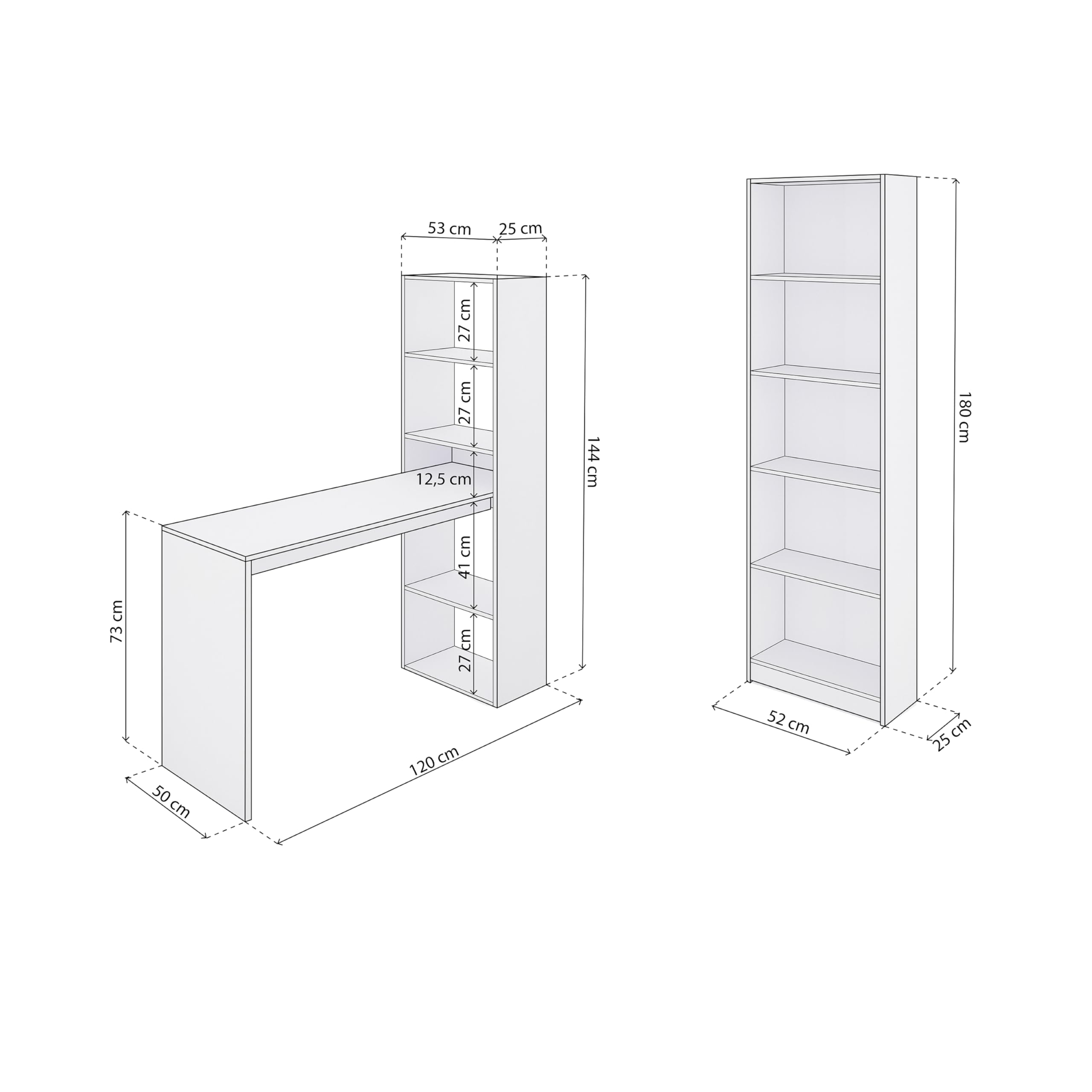 duehome | Pack de Escritorio y estantería, Mesa de Estudio con Estantería Juvenil, Conjunto de Escritorio, Modelo Cosmic Plus, Acabado en Blanco Artik