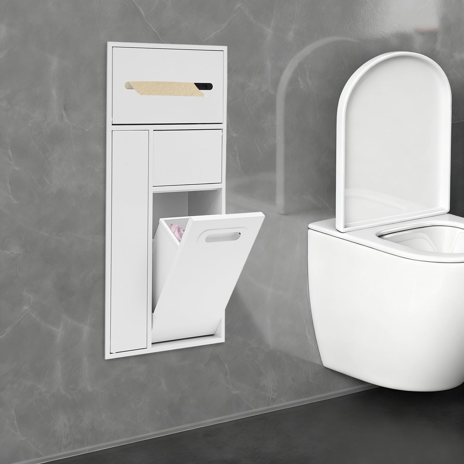 Badezimmer aus Edelstahl mit Eingebauter Dusche Badezimmer Einbau Organizer, MüLleimer mit Toilettenpapierhalter und BüRstenspeicher, Platzsparend, Rostfrei, für Zuhause und BüRo (Weiß)