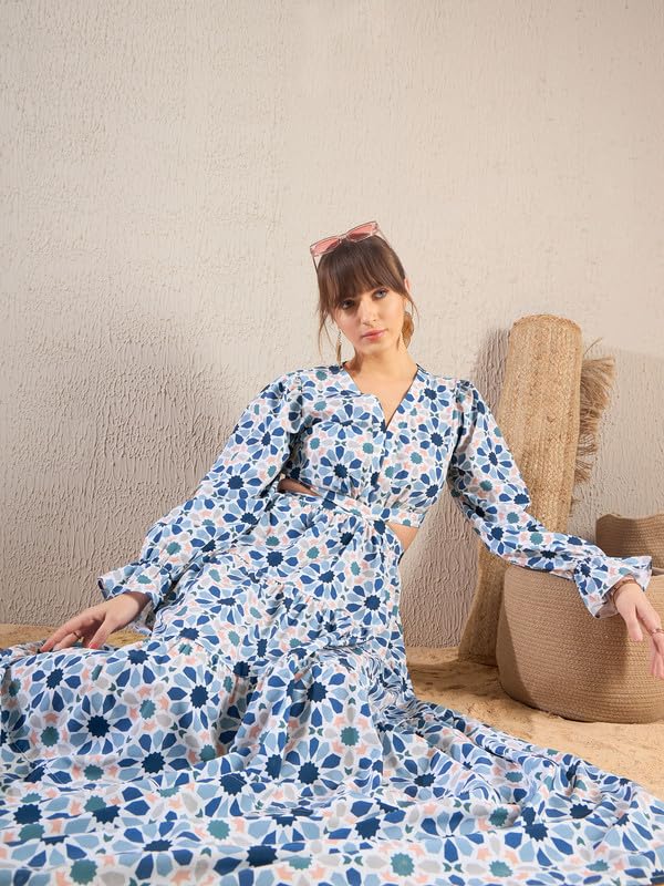 Image of SASSAFRAS Teal Blue Geometric Print Waist Cut Out Maxi Dress-L