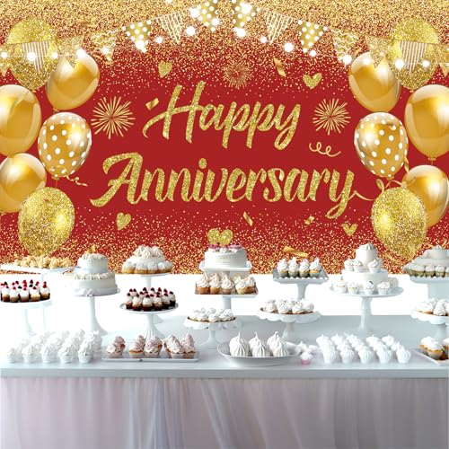 Image of Wedding Anniversary Banner Red Gold Happy Decorations for Women Men Party, Indoor Outdoor Decor Supplies 71 * 43 Inch