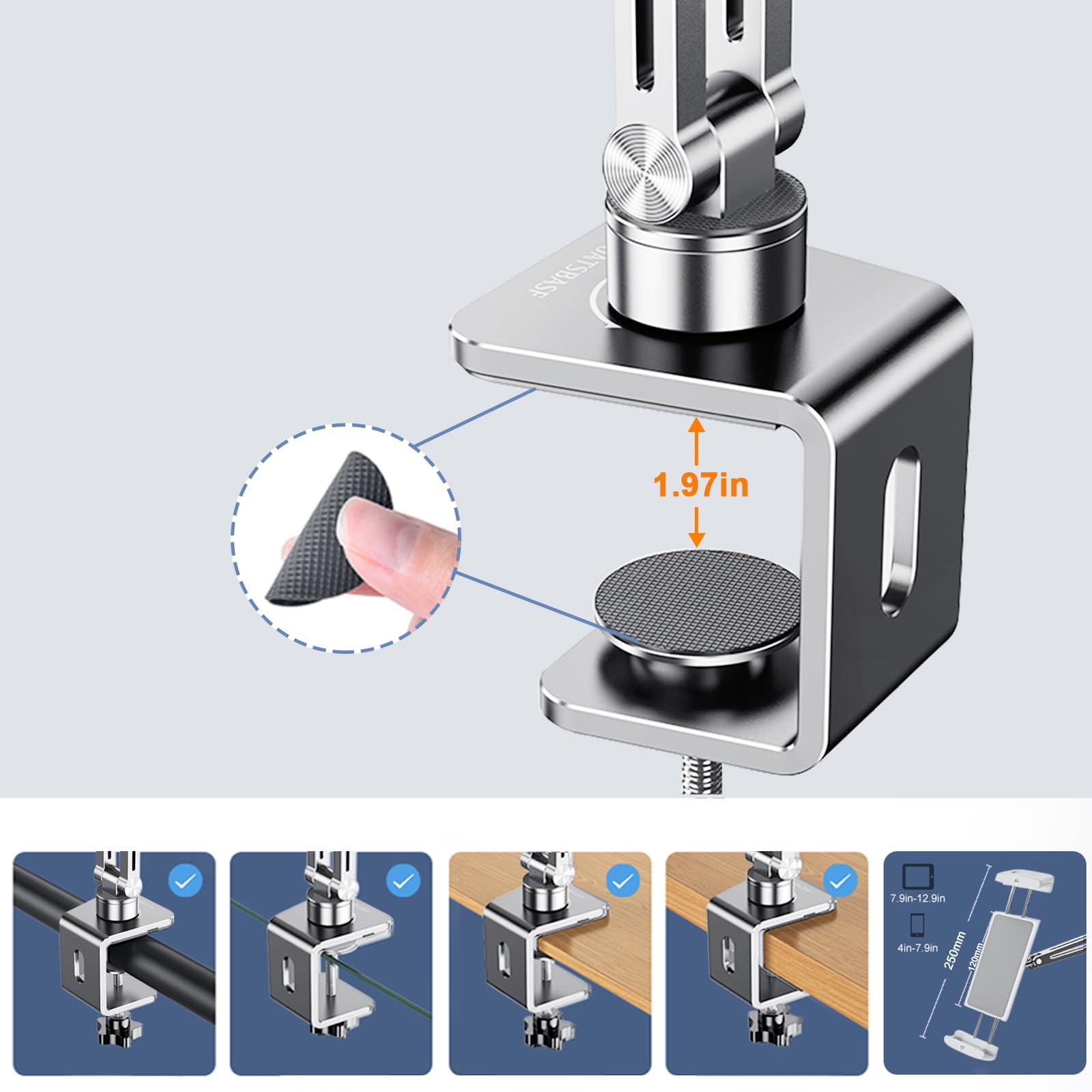 Supporto per tablet da scrivania, supporto regolabile per tablet con supporto a morsetto, supporto in alluminio girevole a 360° per iPad, compatibile con dispositivi da 4 a 12,9 pollici, adatto