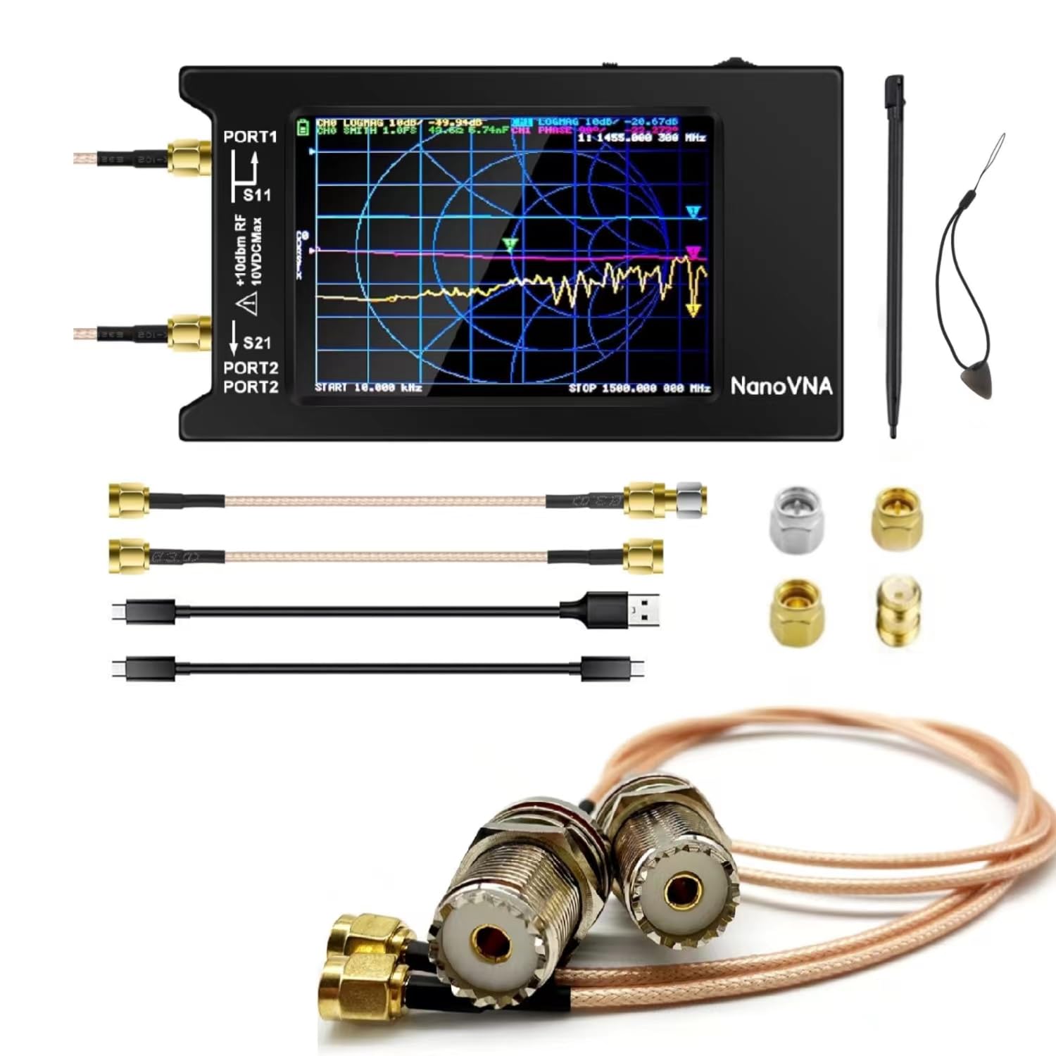 AURSINC NanoVNA-H4 Vector Network Analyzer 10KHz -1.5GHz HF VHF UHF Antenna Analyzer + Handheld Antenna Cable - RF Coax SMA Male to UHF Female SO-239 Cable 2-Pack