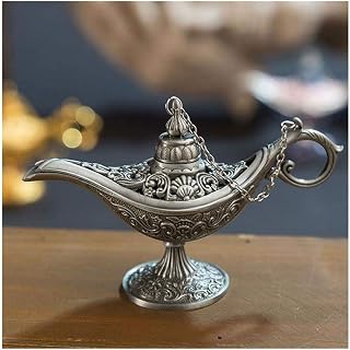Bronze Magic Genie Lamps Ornament Incense Burners Metal Carved Hollow Legend Light Wishing Pot Home Decoration for Incense Sticks Cones(Color:Silver)(Chrome)